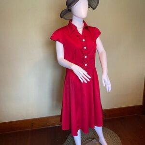 Vintage Style Red Heart Button Ruffle Front Dress